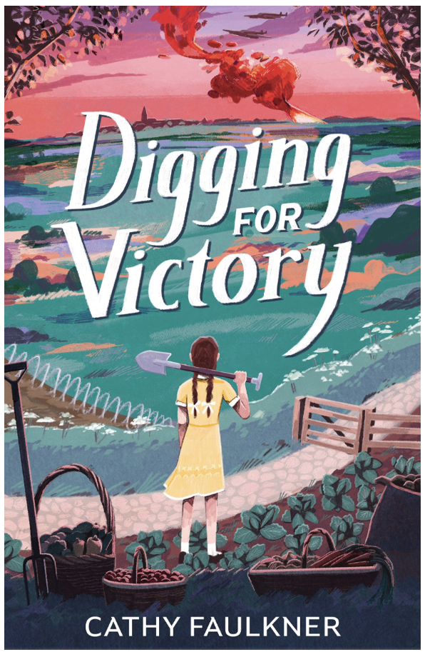 The book cover (larger version of small image) shows a 12year old girl with brown hair and two pony tails tied with white ribbons, in yellow dress and white ankle socks. She is standing in a flourishing vegetable patch with back to us. She is holding a spade in her right hand and it rests on her right shoulder. She looks out across a field or moor coloured in greens and browns, with a barbed wire fence. The sky is a rich purple and red. In the sky are aircraft, and smoke and flames seem to rise from a point in the distance.